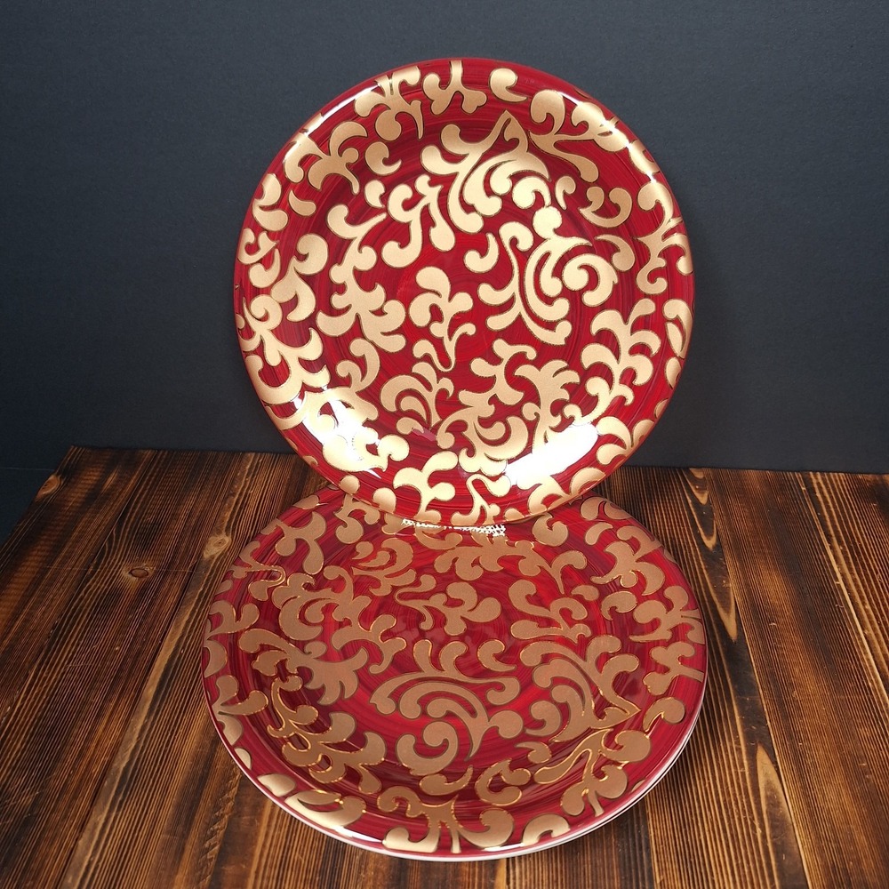VARM Ceramica Italy Burgundy Gold Scroll 8.5" Plates Crate & Barrel Set of 3